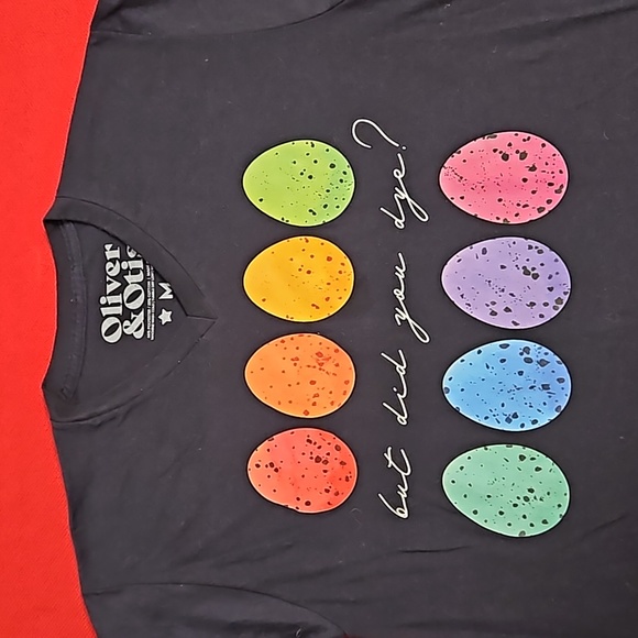 'but did you dye?' black short sleeve graphic tee multicolored eggs Med EUC - Picture 3 of 7